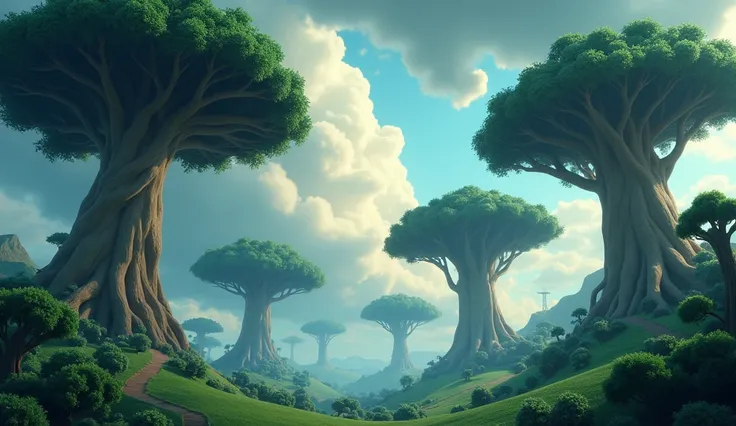 The sky was overcast and the trees were very tall 3d animated Disney inspired 