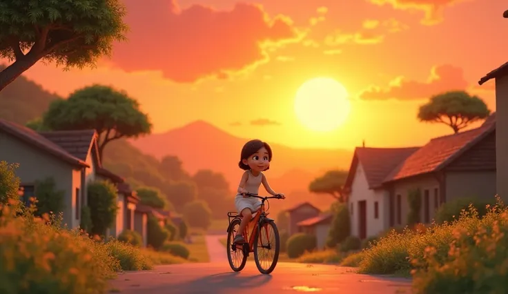 In cinematic 3D cartoon style: “Sunset Over the Village:
 End with a serene sunset over the village, with Deepti riding her bicycle home. The scene should evoke a sense of accomplishment and peacefulness, capturing the harmony between Deepti’s efforts and ...