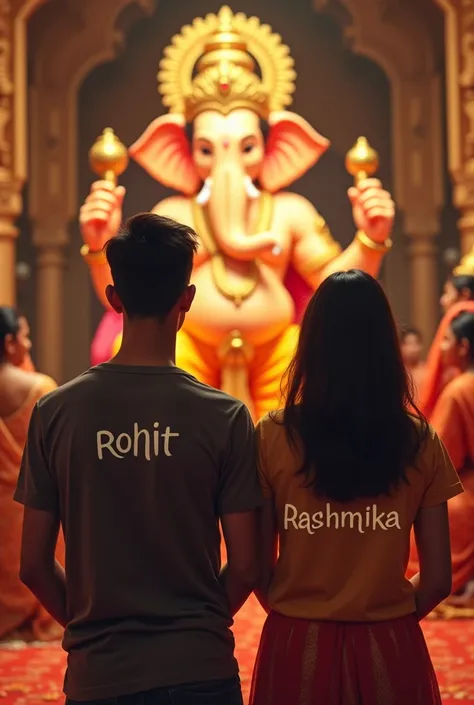 A 20 years old boy his t-shirt written by  name of  "Rohit " And his girlfriend t-shirt  name  written by her name  " Rashmika" Both is worship of ganesh in the temple on ganesh chatruthi. 
