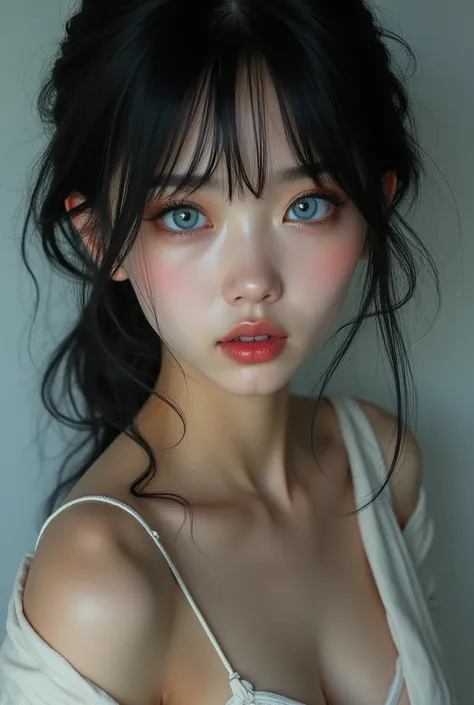 Make a Japanese woman with defined features and blue eyes with little underwear 