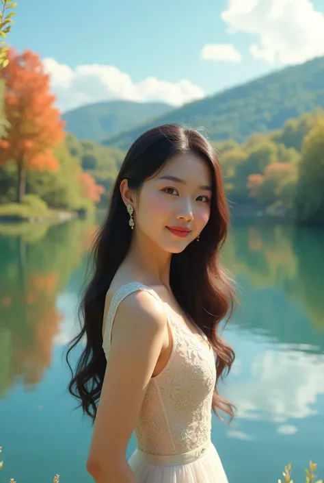 professional, long-haired beautiful Korean woman with a cute chubby face, wearing an elegant A-line dress with elaborate lace on the body, so graceful and charming, a gentle look on her face with a sweet smile, fantastic curves of the body with soft smooth...