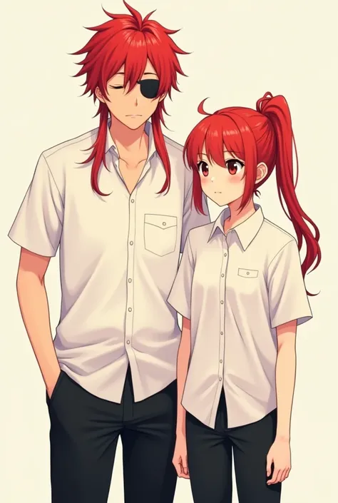 One father and daughter in white shirt and black pants girl had red hair with ponytail hairstyle he has a patch on right eye they both girl stand besides him daughter is adult and father is 30 years old with beard he has long, bright red hair with red stre...