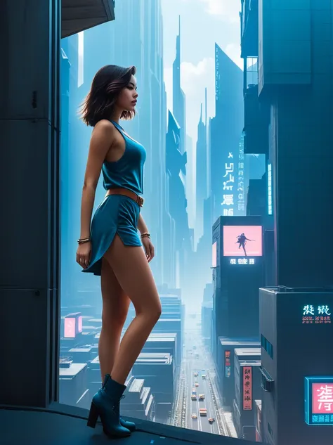 a girl in short dress walking on the edge of building, cyberpunk city background, by peter mohrbacher and makoto shinkai,