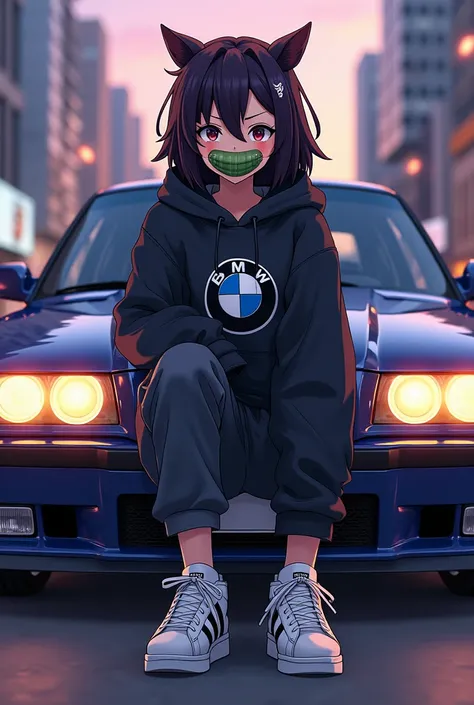 Nezuko with bamboo,bmw hoodie,adidas superstars shoe,bmw e36 in background,anime,manga