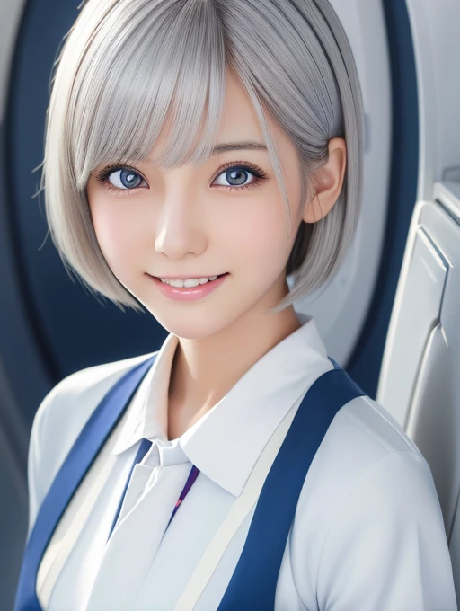 Young and beautiful Japanese girl with platinum silver short hair,Ultra detailed eyes,big, clear eyes,(Droopy eyes:1.0),Cute eyes,A balanced perspective,Ultra detailed face,A kind smile,(Wearing detailed flight attendant uniform:1.25),Highly detailed and r...