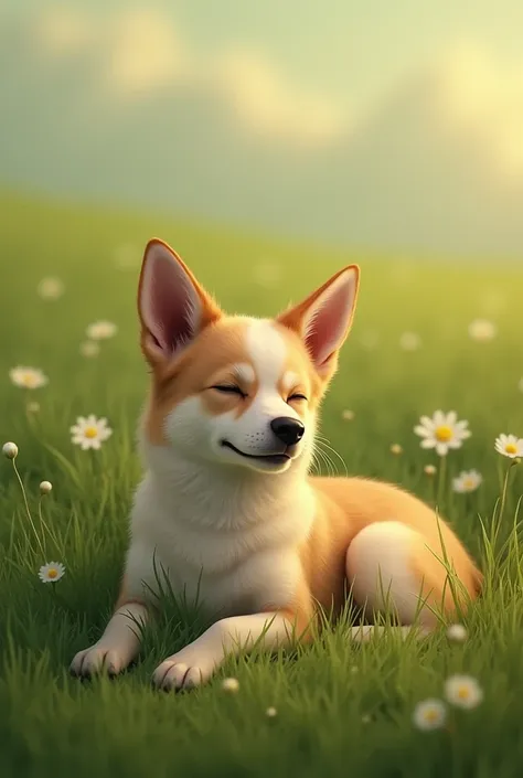 A dog lying in the grassland. Make it small, realistic, and stylish. A loser.
