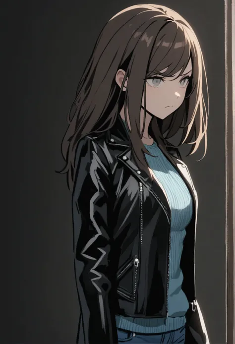 A girl, long dark brown hair, swept bangs, light gray eyes, black leather jacket, light blue sweater, jeans, malicious, villainous expression