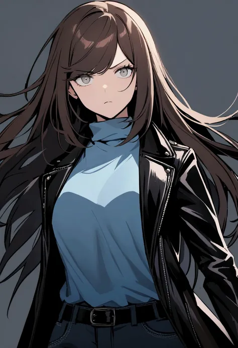 A girl, long dark brown hair, swept bangs, light gray eyes, black leather jacket, light blue sweater, jeans, malicious, villainous expression