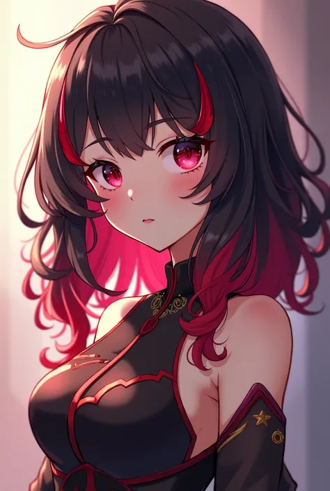 A character in the style of Genshin Impact with the following descriptions:
female character with medium hair length, black, very curly hair with red streaks, dark black, slightly upturned almond-shaped eyes, a straight, well-defined nose, full, well-forme...