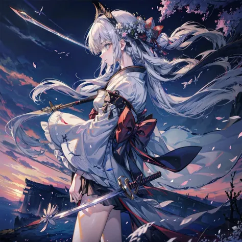 RAW Photos, Very delicate and beautiful, masterpiece, Highest quality, Ultra-high resolution, 32K, Surreal, Very detailed, Detailed Description,Anime Girls、Gray Hair、Serious face、landscape、profile、(((Japan have one sword)))、Aikikiri、Warrior、Night Sky、moon