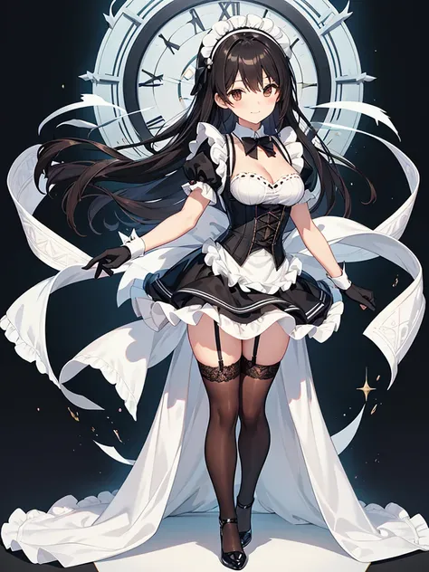 child-faced, calm, smile, tidy, masterpiece, best quality, extremely detailed, anime, 1girl solo girl, straight long hair, black hair, brown eyes, french maid, laced corset with black lacing, white underbust, cleavage, cleavage cutout, clothing cutout, whi...