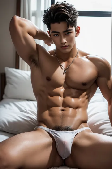 Dont close up, bedroom scenery, sleeping, bed background, lying on the bed, spread legs, bend legs, Full body photography, very hot sunny day, Very micro red thong, Very hairy armpits, Very detailed finger, dont merge body, Very young Korean boy, teenager ...