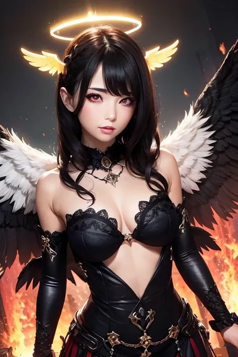 Enchanting Fallen Angel, black hair, halo, mismatched sclera, red eyes, yellow eyes, full blush, Verism, UHD