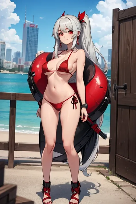 female, silver long hair, red eyes, (((1girl))), (((red and black bikini top))), (red and black bikini bottoms), cute and sexy, full body, large breasts, large butt, long legs, smiling