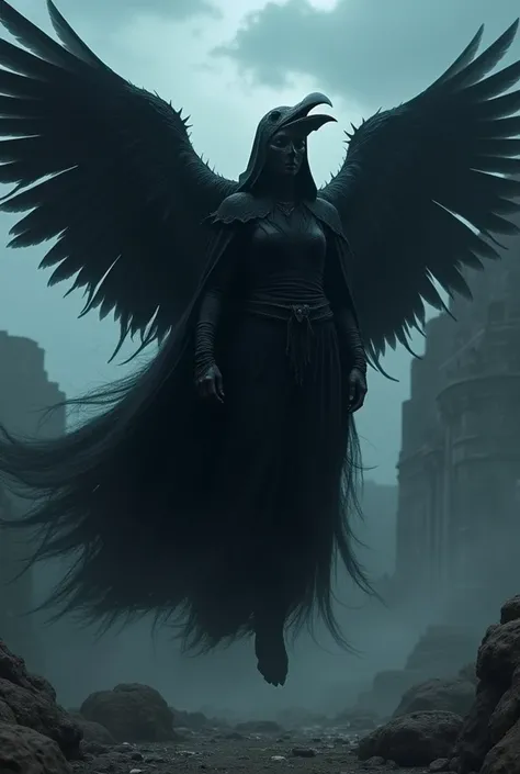 4K, a woman wearing a black robe, wearing a mask like a crow&#39;s head with a large beak, holding a katana ,black power flows in his body,has large black wings ,floating in the air,in the ruins of an ancient civilization,Midnight,horor vibes, high resolut...