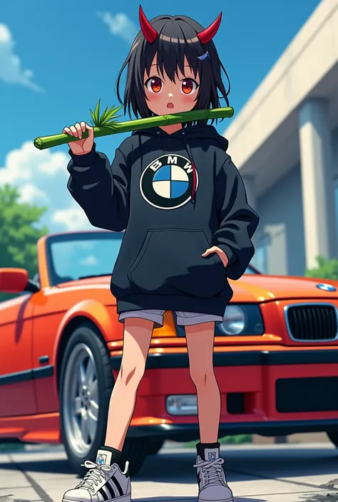 Nezuko komado with bamboo in mouth,bmw hoodie,adidas superstars shoe,bmw e36 cabrio in background,anime,manga