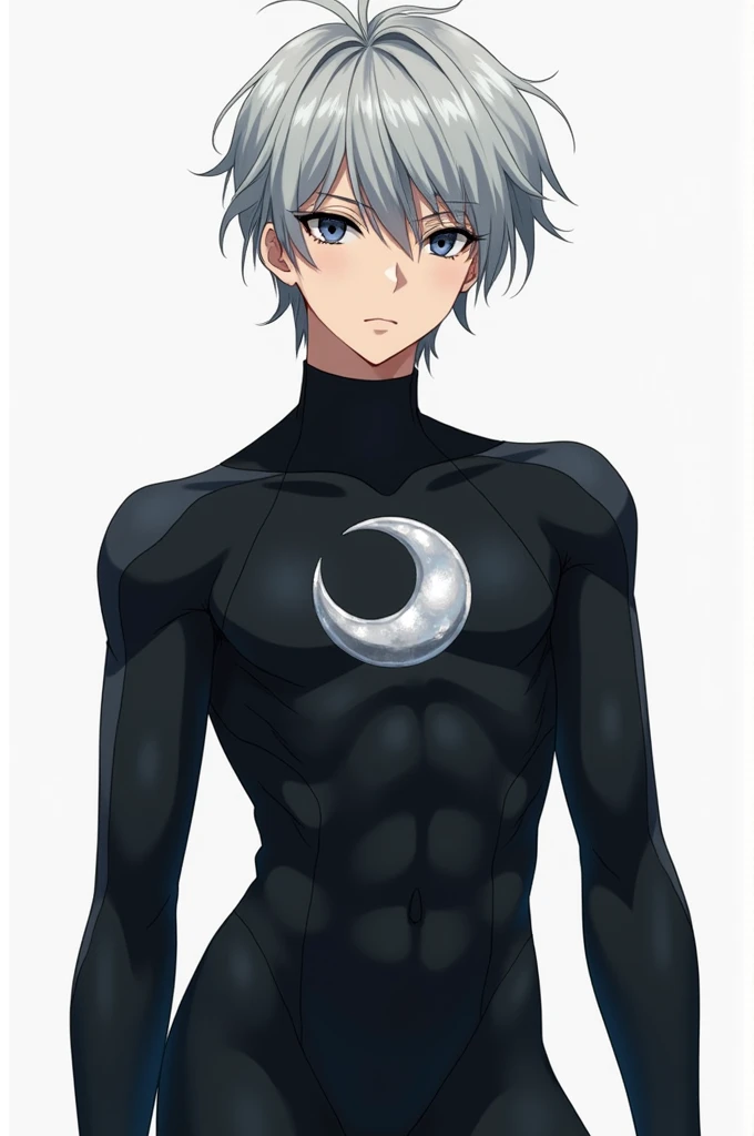 Generate a 2D anime boy, not so skinny but not so fat either, dressed in a black jumpsuit with a moon on the chest, silver hair, black eyes