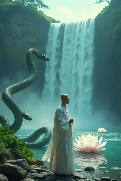 Highly detailed cinematic water and ocean palette, A bald monk in white Hanfu stands by the water, A huge green snake, A huge white lotus, Very high waterfall, Exquisite facial details, spotlight, Perfect composition, Surrealism, Extremely detailed, 8K, hi...