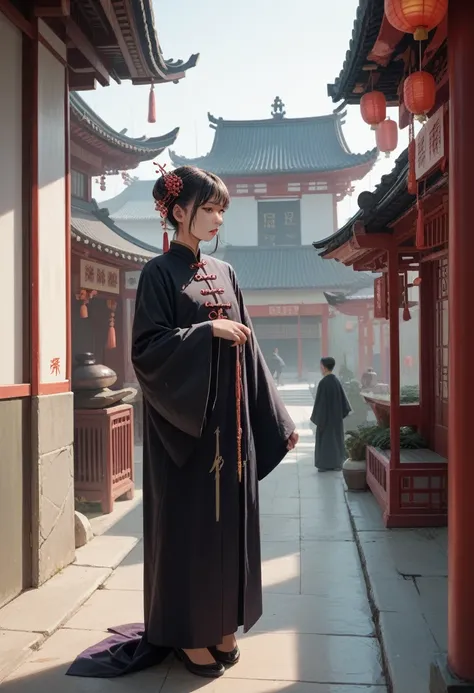 A girl, wearing a purple and black robe, stands in a Chinese-style building