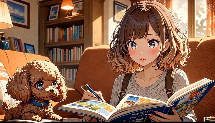 One girl,toy poodle,Girl in the living room,Girl reading a travel guidebook,girl consulting with toy poodle,toy poodle looking at travel guide book with interest,(Highest quality,4K,8k,High resolution,masterpiece:1.2),Very detailed,(Animetic:1.37),Detailed...