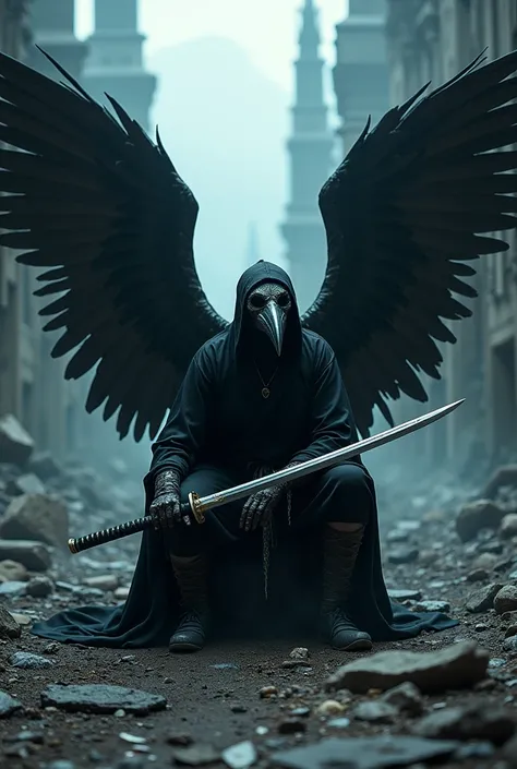 4k, a woman wearing a black robe, wearing a mask like a crow&#39;s head with a large beak, holding a katana ,black power flows in his body,has large black wings ,squatting in a ruined tower,in the ruins of an ancient civilization,midnight,horror vibes, hig...