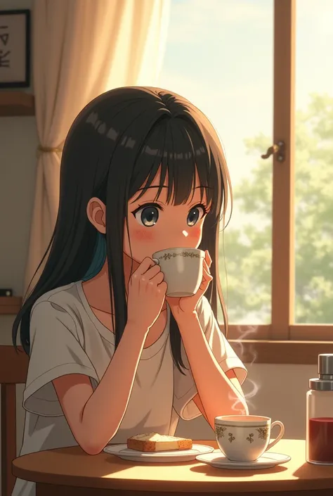 “Create an image in the style of Makoto Shinkai of high school girl eating breakfast  ”