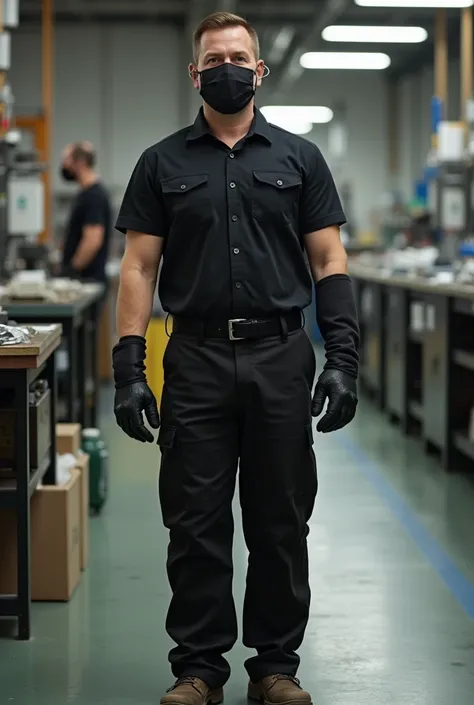 Full photo of man that is wears black shirt, long black pant, small wire ear plugs( that can see from photo- both side of ear), face mask, glove, arm bands( both side from wrist to elbow), safety shoes which is working at factory