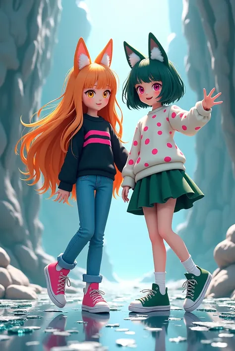 Girl with long (below the waist) orange hair. Eyes are yellow-amber. She is wearing a black collarless sweater with bright pink stripes.,blue jeans and pink sneakers.

Next to her is a girl with dark green hair cut into a bob.. On the head are lynx ears of...