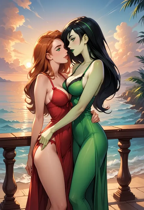 cinematic film still, duo, 2girls, couple, yuri, BREAK kim possible, narrow waist, perky breasts, BREAK shego, green skin, narrow waist, perky breasts, BREAK wearing (short red babydoll lingerie:1.2), navel, midriff, BREAK beach villa, on balcony overlooki...