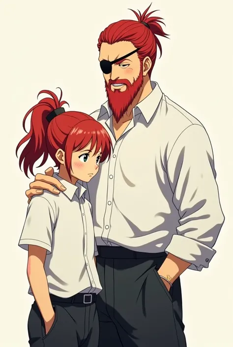 One father and daughter in white shirt and black pants girl had red hair with ponytail hairstyle her father is kyojuro rengoku from Demon slayer but with red hair and with red beard and a patch on left eye anime version