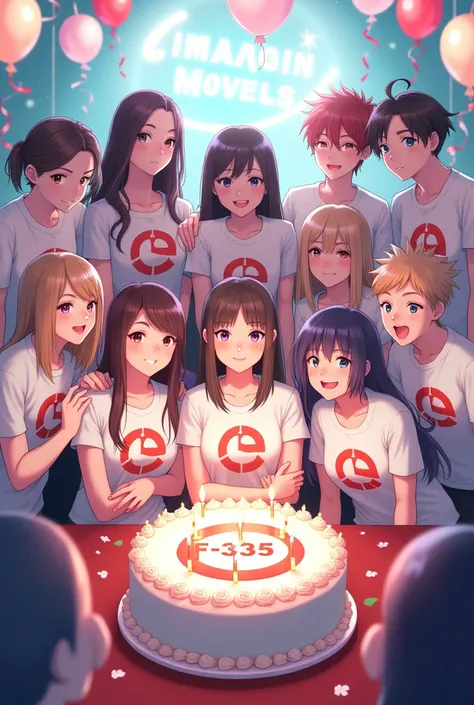 10 persons holding a party celebration with the cake writed on above it infinity powers and they all weared infinity powers F-335 logo  on their white tishirt 