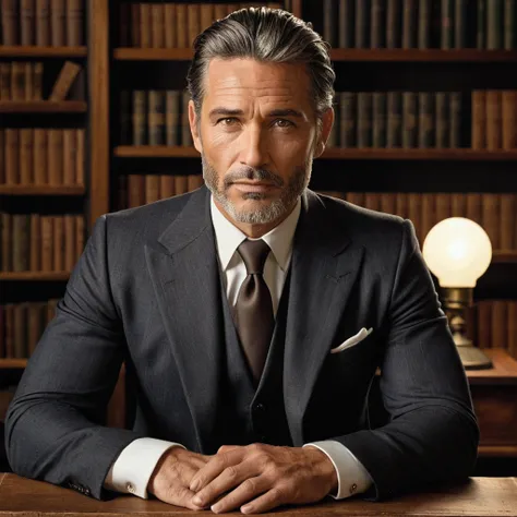 A ruggedly handsome and charismatic foreign man in his mid-40s, captured in a hyper-realistic 4K image that conveys a sense of timeless elegance and masculine strength. His skin is naturally weathered, with a slightly rugged texture that includes visible p...