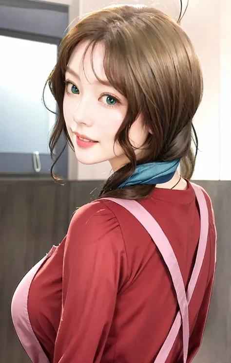 Masterpiece, Best Quality, High Resolution, High Quality, Ultra Detailed, Realistic, Ultra High Res, Photo Realistic: 1.4, UDH, 1girl, Solo, 1girl, Mature Female, Milf, Smile, Brown Hair, Blue Hair Ornament, Green Eyes, Red Clothes, Pink Apron