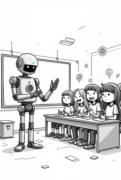 Create a funny cartoon  black and white image of an AI teacher teaching his students 