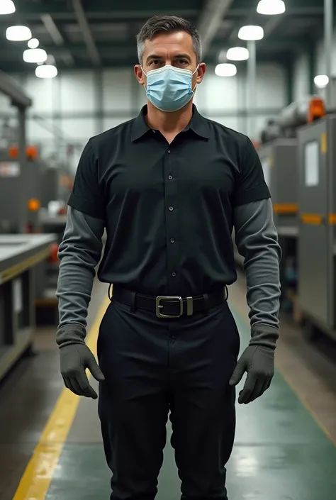 Full photo of man that is wears black shirt, long black pant, left and right small wire ear plugs( that can see from photo- both side of ear), face mask, glove, left and right arm bands which is cover their full arm( both side from wrist to elbow), safety ...