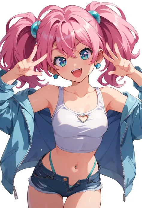 One Girl　Provocative smile　,Jacket,High Leg,Open your mouth,Dip dye hair,　　　Cute pose　whole body　Animal elements　Exposed shoulders　Exposed Skin　Brat　Denim hot pants　Twin tails　Gal　Thread　Laughs mischievously