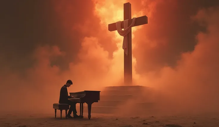 (photorealism:1.2), a pianist playing piano in middle apocalyptic sand, dust and smoke, The image depicts a powerful scene with a solitary wooden cross, standing majestically atop a platform surrounded by swirling mists. A white cloth is draped over one ar...