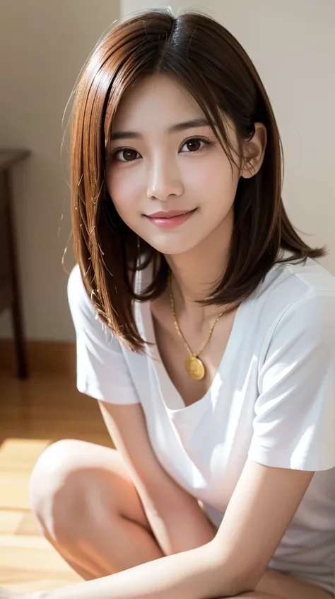 slim cute young japanese idol with tareme and midium hair length, solo sitting in a room picture, look up the camera with a smile, smooth skin, real photo, with big smile, gold coin necklace, ultra high quality, wearing white Tshirt,light in the eyes, ((Ch...