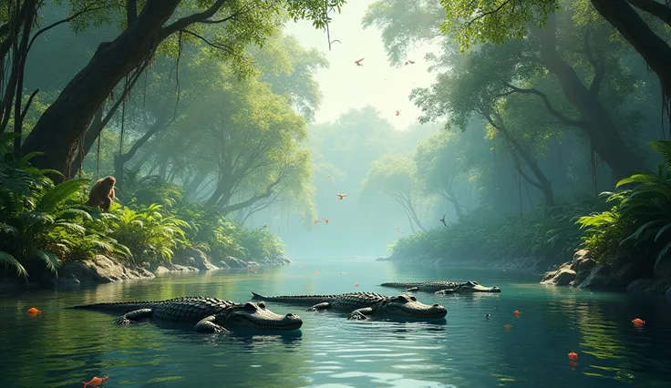 imagine A group of crocodiles swimming slowly through a calm river, surrounded by lush jungle foliage, monkeys swinging through trees, birds flying overhead, colorful fish visible in the clear water, photorealistic, daytime, dappled sunlight, --ar 2:1 --v ...