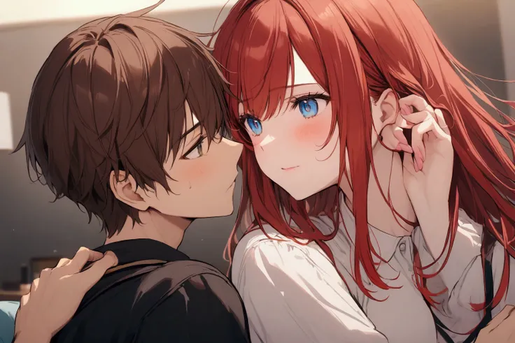 Red-haired girl with blue eyes talking to a brown-haired boy