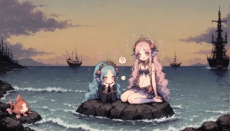 a song is coming from the distant sea, at center evil mermaid(girl with lower body fish) smiling sitting on a rock floating sea and singing and colorful circle hypnotic sound wave effects from her can be seen, BREAK ,background many people drowning in the ...