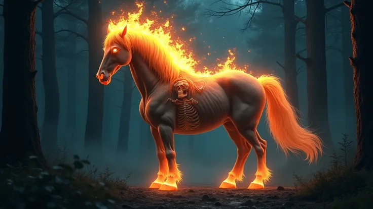 A horse with a fire above its head, while in the middle of its body to the back is a skeleton with   angry face stand in the forest at night 8k  