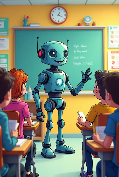 Create a funny cartoon  colour image of an AI teacher teaching his students 