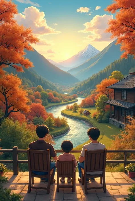 (photorealism:1.2), an anime three friends sittin on the chairs in the balcony of a wooden house, looking at the beautiful valley down town, autunm colors, surrounded by mountains, srtream is flowing side by side, a beautiful sunset, by Miyazaki, anime cou...