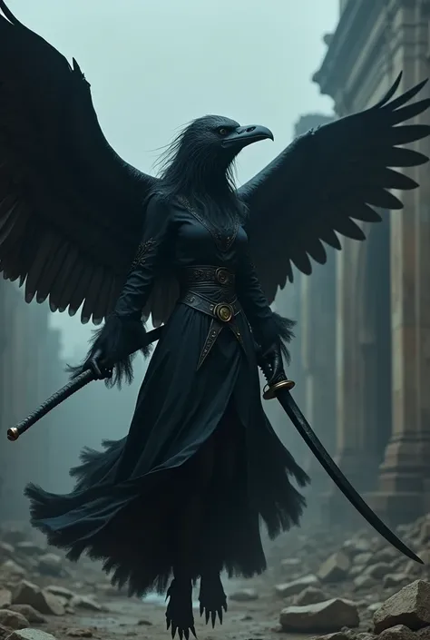 4K, a woman wearing a black robe, wearing a mask like a crow&#39;s head with a large beak, holding a katana ,black power flows in his body,has large black wings ,flying in the air background ruins of ancient civilization ,Midnight,horor vibes, high resolut...