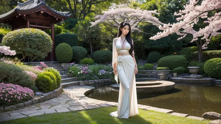 A tranquil garden where cherry blossoms are in full bloom, petals gently falling to the ground. A serene pond is nestled in the background, reflecting the delicate cherry blossoms and surrounded by lush greenery. A 20-year-old young woman, a realistic phot...