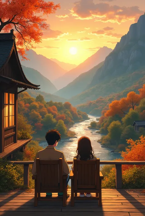 (photorealism:1.2), an anime couple sitting on the chairs in the balcony of a wooden house, looking at the beautiful valley down town, autunm colors, surrounded by mountains, srtream is flowing side by side, a beautiful sunset, by Miyazaki, anime countrysi...