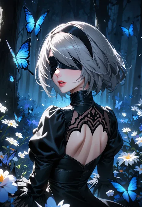 Super detailed, High resolution, Absurd, High resolution, 2b, Nier Automata, Gray Hair, Blindfolded, Very beautiful, Only one adult female, Blue Forest, butterfly, Flowers, petal, Black clothes, look back