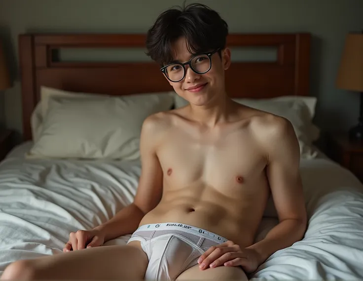 a thin white boy, with marked abdomen, some body beauty, full lips, Wearing glasses, He is completely naked, lying on a bed, smiling and looking flirtatiously, He has transparent underwear, where you can see his penis.you have your legs open, Then the lump...