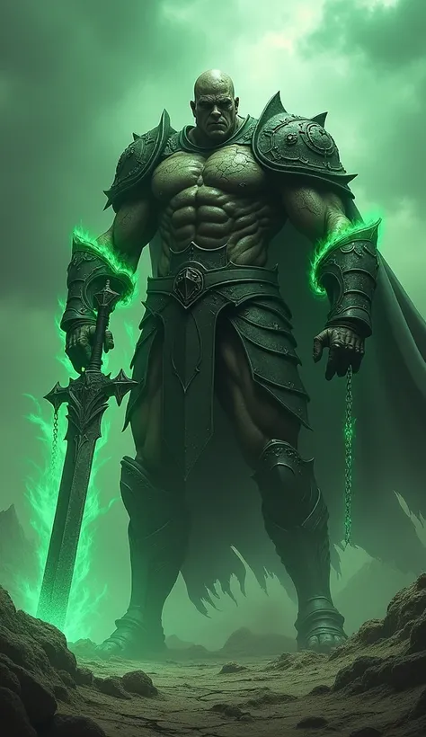 A dark hero who is a cursed warrior, with chains wrapped around his arms that glow with an eerie green light. His armor is cracked and battle-worn, and he carries a massive sword that drips with dark energy. The scene is set in a desolate, otherworldly lan...